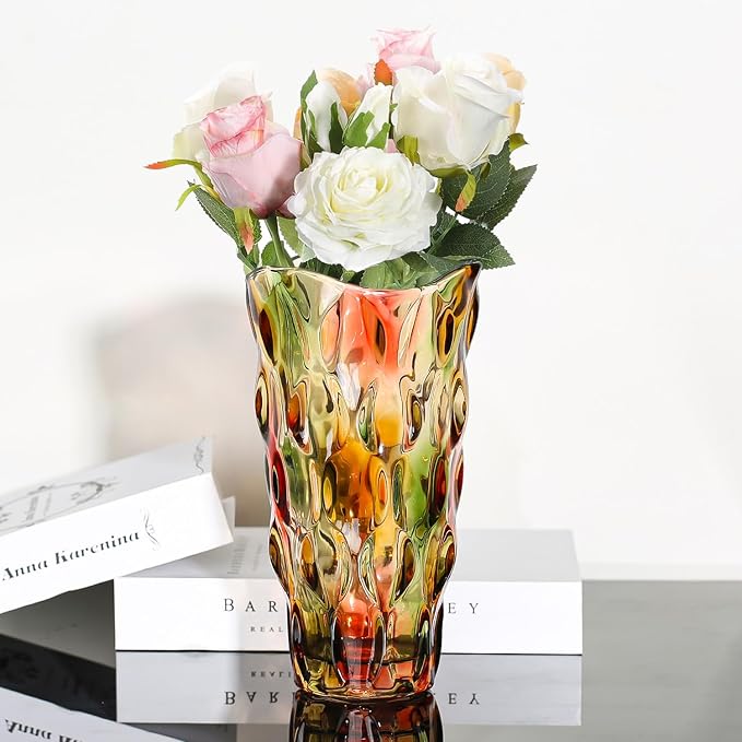 CEMABT 9.5inch 3.4 lb Glass Vases for Flowers Unbreakable Thickened Morden vase for Tables Centerpieces,Colorful,Vintage and Clear Rose Large Flower vases for Bouquet Unique Gifts（Rosa Colorful）
