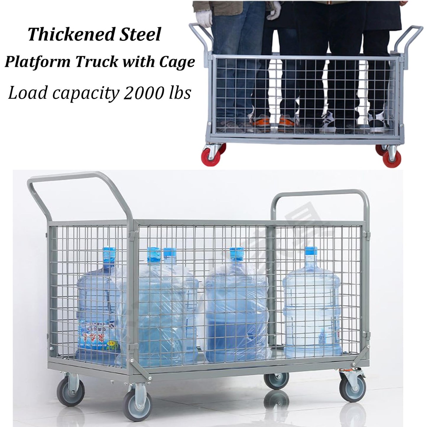 Foldable Platform Hand Truck Cart with Cage, 2000 LBS Heavy Duty Capacity, Multi-Functional Push Cart for Supermarkets and Warehouse Transport