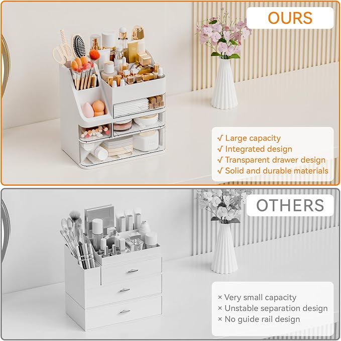 Yieach White Makeup Organizer Countertop With 4 Drawers,Large Cosmetics Storage Organizer for Brush,Hair Products,Plastic Makeup Holders and Beauty Skincare Organizers for Bathroom,Vanity,Dresser Top