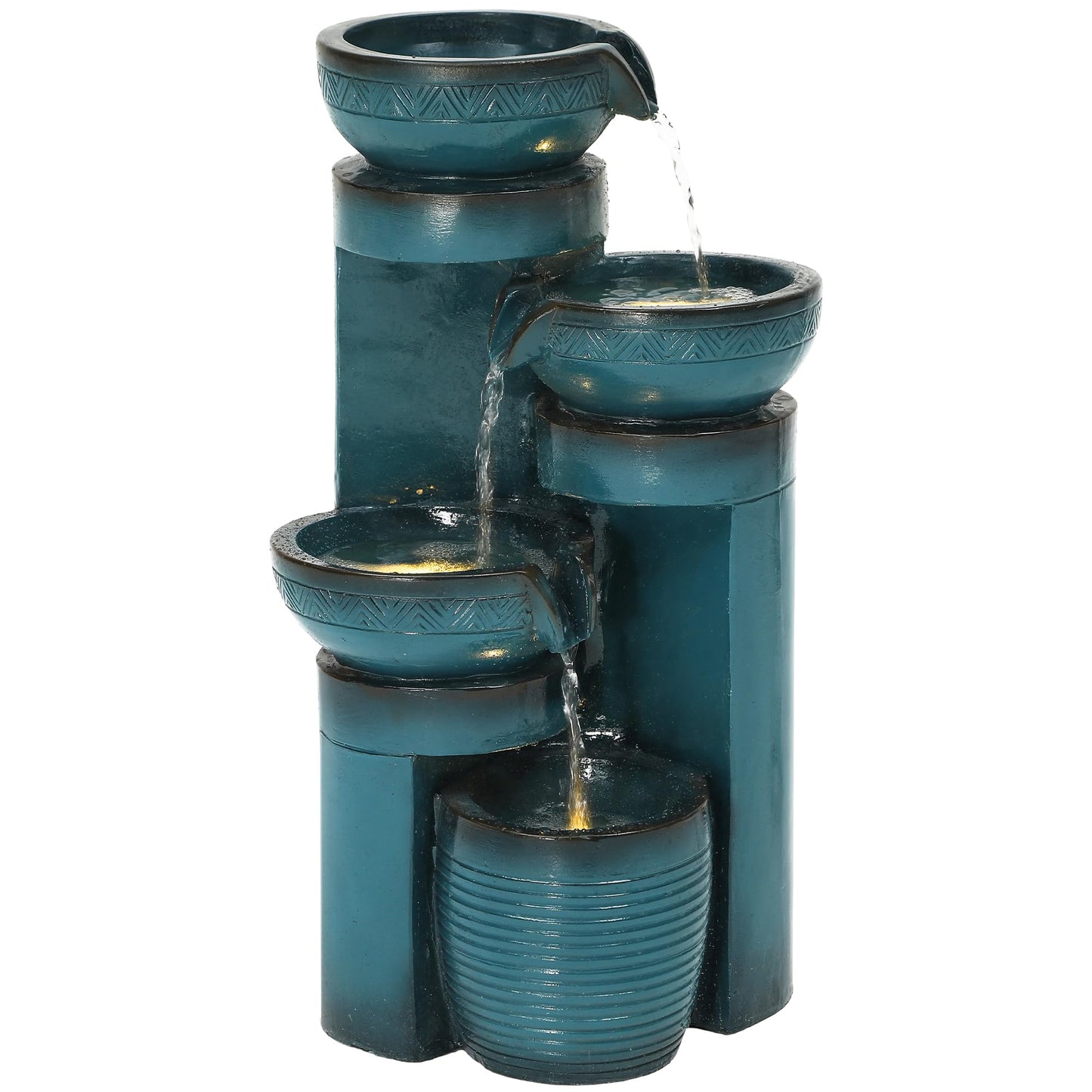 Autodaya 19.3" H Pedestal Outdoor Water Fountain with LED Lights and Pump, 4-Tier Cascading Water Feature, Tranuil Waterfall for Relaxing Garden, Patio, Yard, or Porch, Turquoise, Faux Ceramic Finish