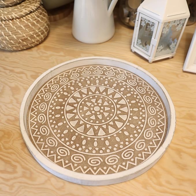 Hrastany Boho Round Wooden Decorative Tray, White Farmhouse Candles Tray for Home Decor, A Pattern