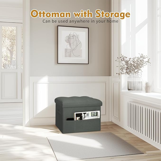 BelugaHelper Small Ottoman with Storage, Foldable Ottoman Foot Rest Stool with Thicker Foam Padded Seat. Linen Storage Bench for Bedroom Living Room, Holds Up to 300 lbs, 17x13x13IN(Black Green)