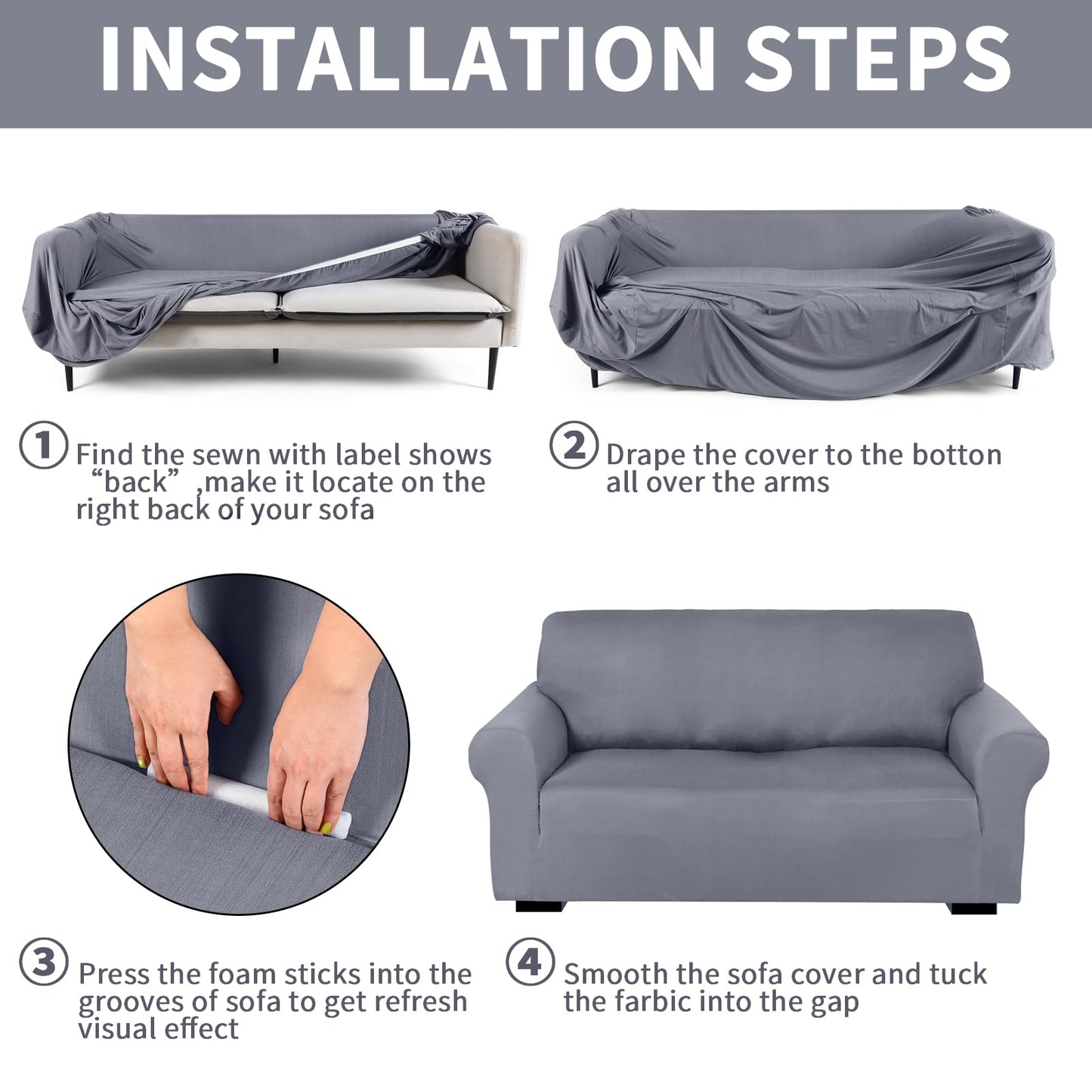 Peryiter 3 Pcs Slipcover Set for Couch Furniture Covers for Sofa Loveseat Couch Arm Chair, Form Fit Stretch, Wrinkle Free, Furniture Protector(Light Gray,Milk Silk Spandex)