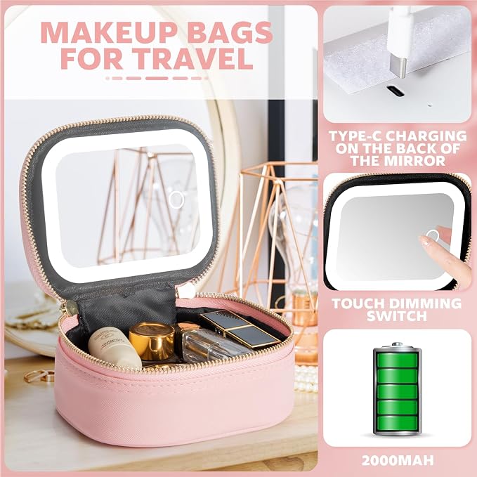 Mini Makeup Bag with Led Mirror, Small Travel Make up Bag 3 Light Modes Adjustable Brightness, for Women Organizer Cosmetic Bag, Portable Travel Train Toiletry Bag, for Pool Parties Work Touch-Ups