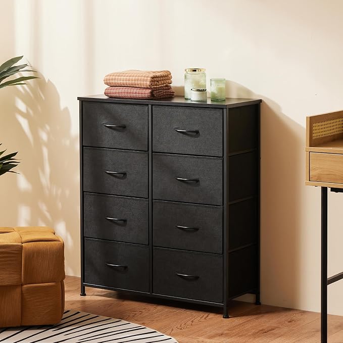 Sweetcrispy Dresser, Dresser for Bedroom Organizer Storage, Fabric Storage Tower with 8 Drawers, Chest of Drawers with Steel Frame, Wood Top for Living Room, Closet, Black