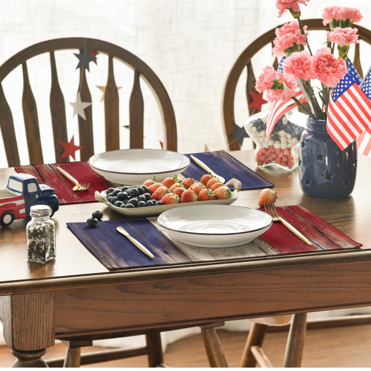 Artoid Mode Wood Style Stripes 4th of July Placemats Set of 4, 12x18 Inch Memorial Day Patriotic Table Mats for Party Kitchen Dining Decoration
