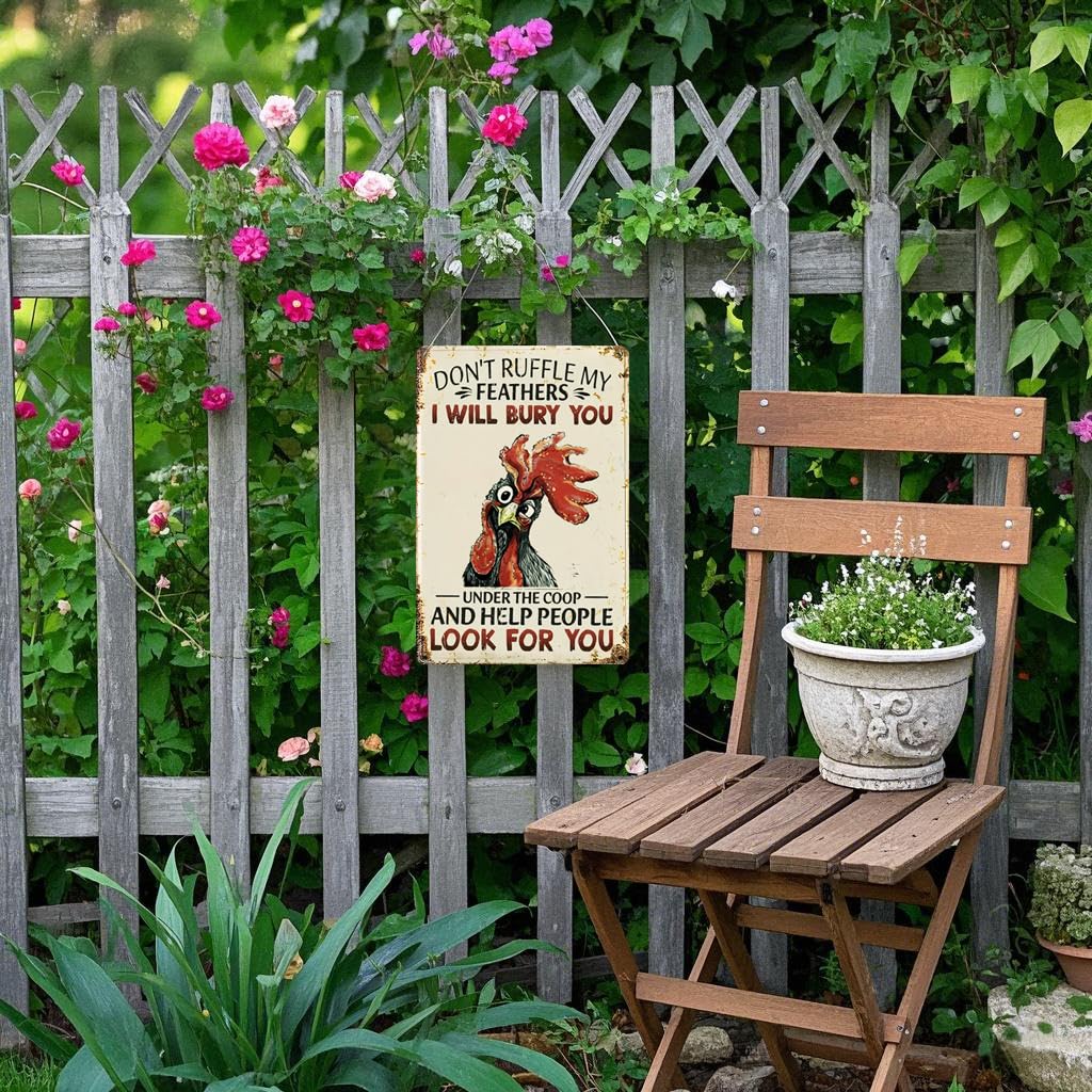 Funny Chicken Sign Don't Ruffle My Feathers, Gift for Chicken Lovers, Farmhouse Wall Decor for Home Coop Garden 8 x 12 Inch (287)