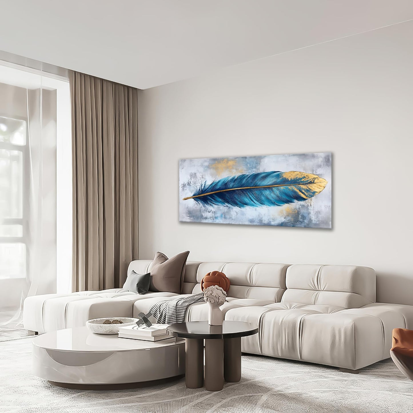 Blue Feather Large Wall Art for Living Room Modern Wall Decor for Bedroom Feather Pictures Feather Painting Framed Large Canvas Art Ready to Hang 30"x60"