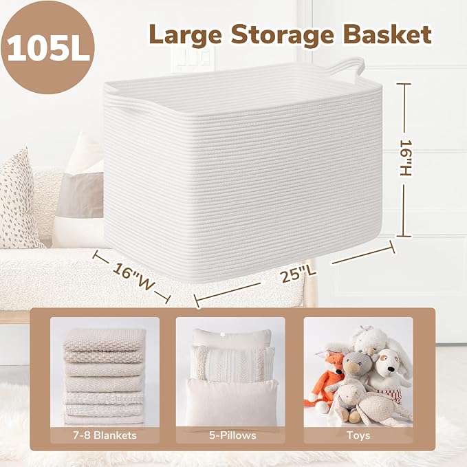 Goodpick 105L Extra Large Blanket Basket 25" x 16" x 16" Cotton Rope Storage Bins for Dirty Clothes, Rectangle Woven Baskets for Living Room Home Decor, Toy Baskets Storage Kids, White
