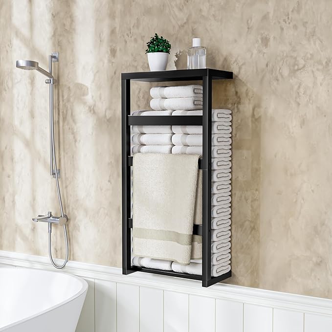Bamboo Wall Blanket Ladder, 4-Tier Towel Racks, Blanket Holder with Anti-Slip Construction Home Decor, Decorative Blanket, Quilt, Towel, Scarf Ladder Shelves for Bathroom, Living Room, Bedroom, Black