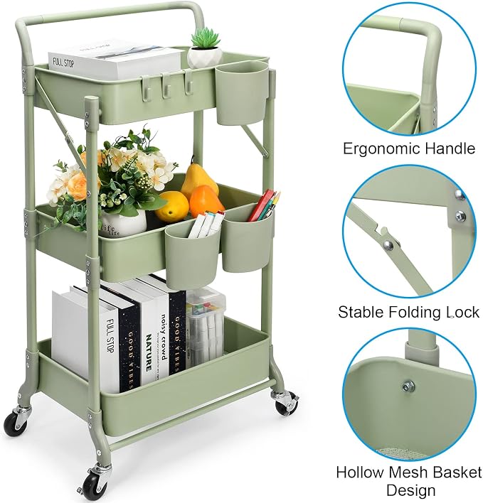 Foldable 3 Tier Rolling Cart, Metal Utility Cart, Folding Mobile Multi-Function Storage Trolley Organizer Cart for Home Library Office(Green)