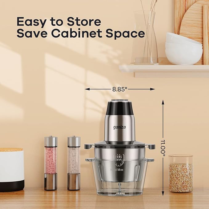 GANIZA Food Processors, Electric Food Chopper with Meat Grinder & Vegetable Chopper - 2 Bowls (8 Cup+8 Cup) with Powerful 450W Copper Motor - Includes 2 Sets of Bi-Level Blades (Silver)