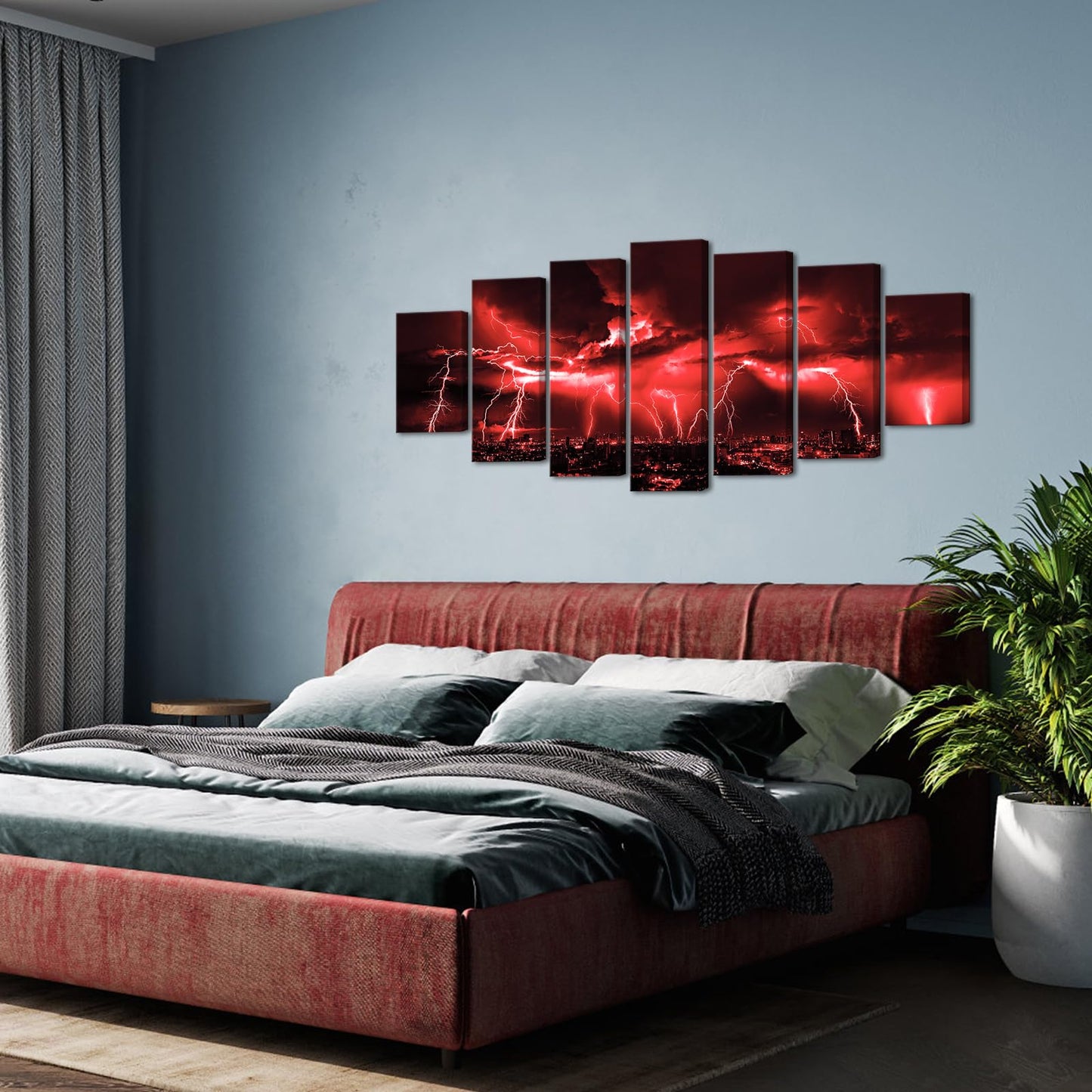 Biuteawal Large 7 Piece Black and Red Wall Art Lightning Strikes Cityscape Night Pictures Canvas Print Nature Storm City Skyline Painting Artwork for Home Living Room Decoration