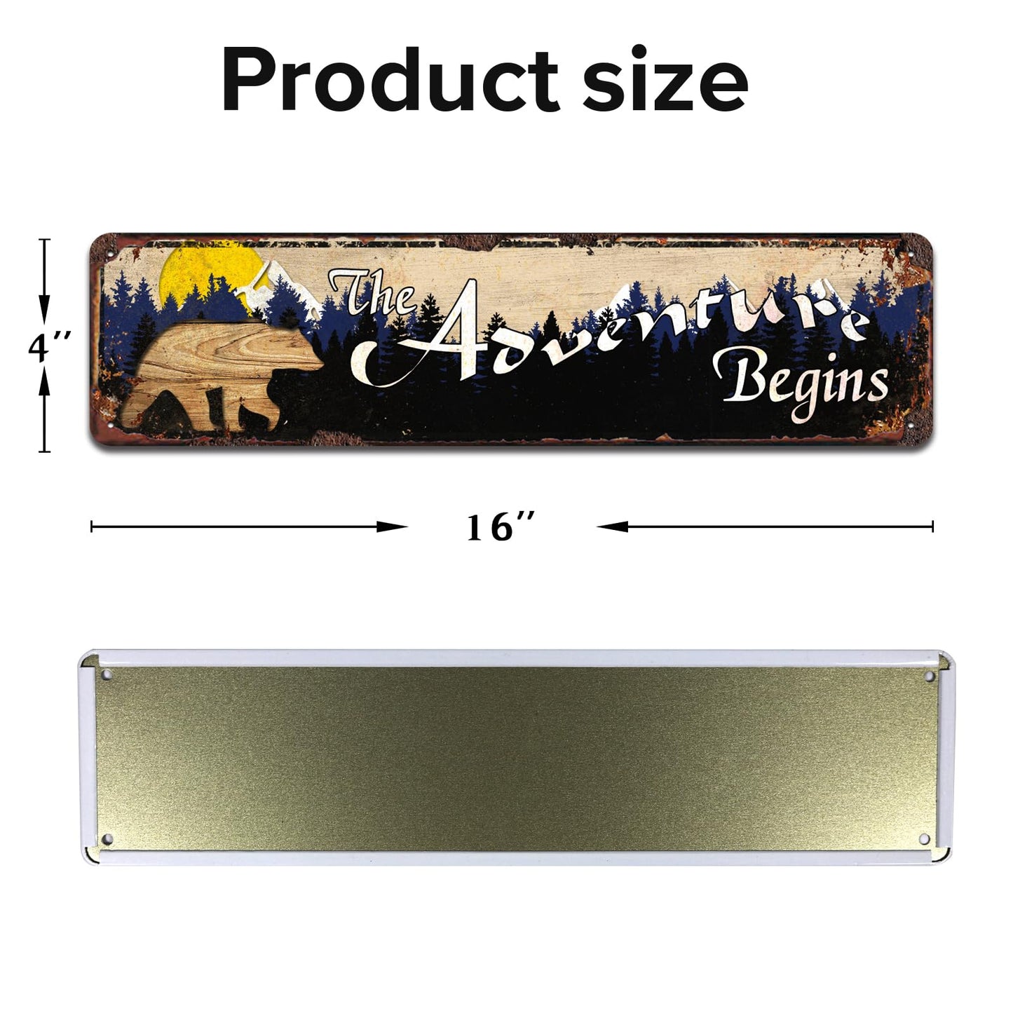 The Adventure Begins Sign, Woodland Nursery Decor, Bear Mountain Inspirational Quotes, Metal Sign for Home Cabin Decor, Forest Camping Sign 4x16 Inches