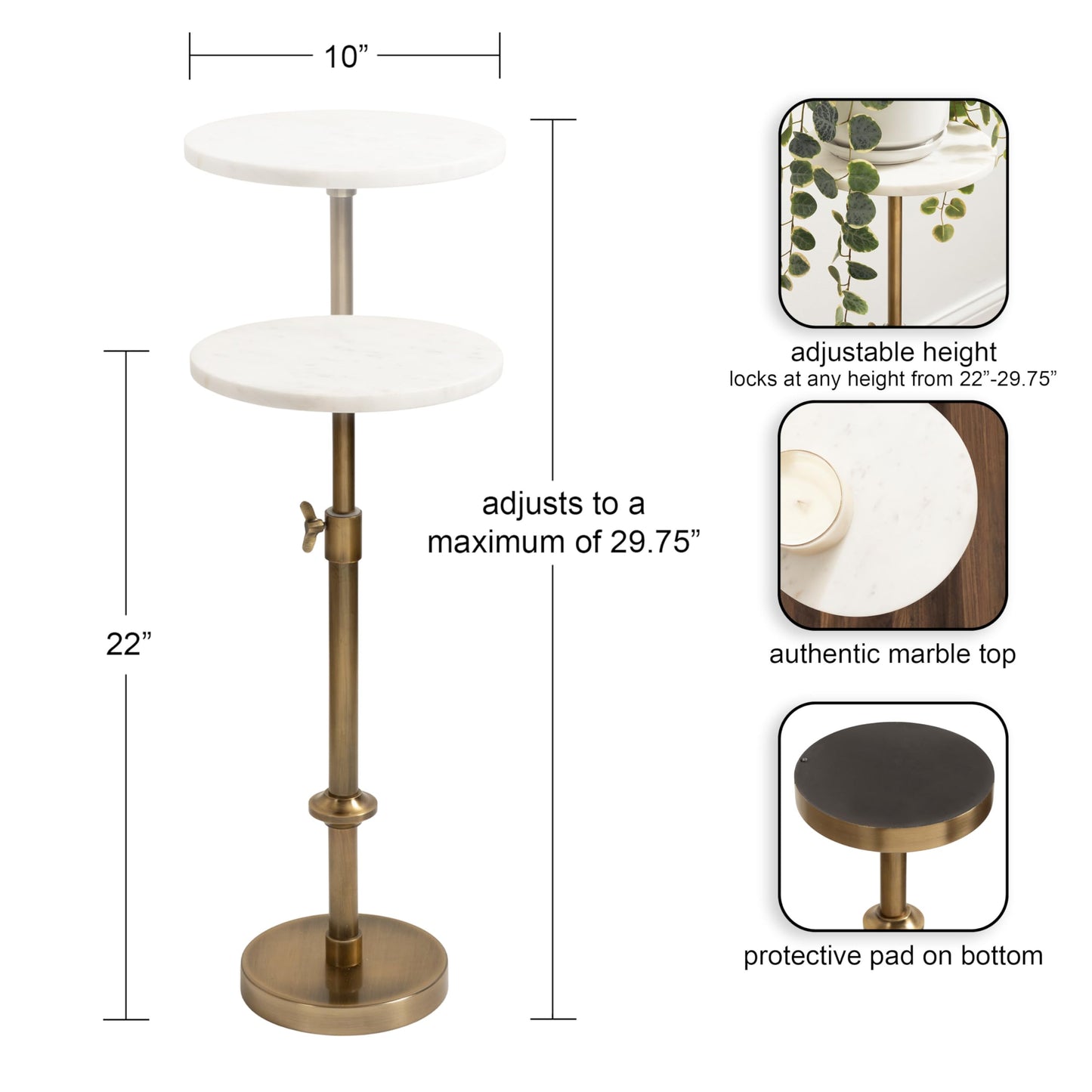 Kate and Laurel Engles Traditional Adjustable-Height Pedestal Drink Table; 10 x 10 x 30; White Marble and Antique Brass; Vintage Round Indoor Metal Plant Stand with Authentic Marble Tabletop