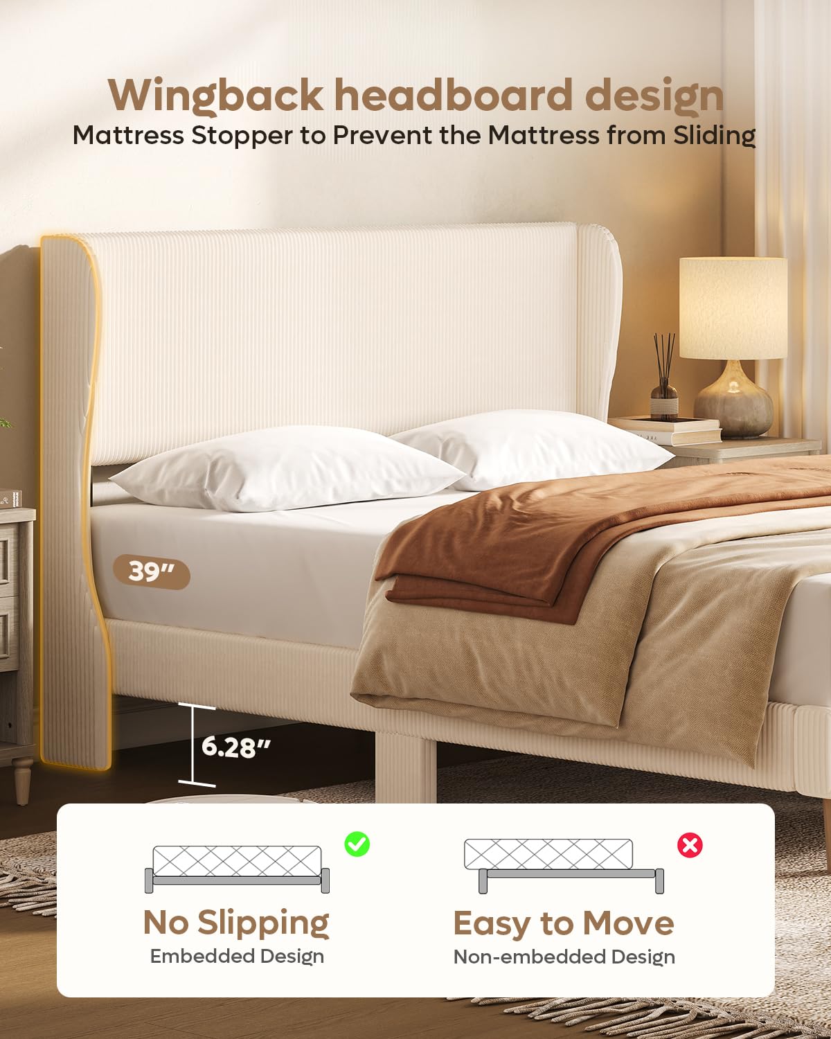 Bestier Queen Size Bed Frame with Wingback Headboard,Platform Queen Upholstered Bed with Strong Wooden Slats,No Box Spring Needed,Never Squeaks,Easy Assembly,Beige