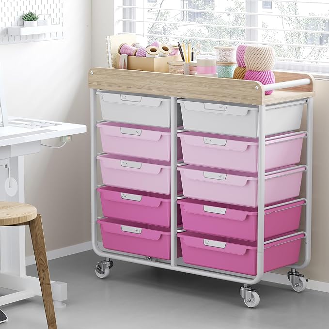 10 Drawers Rolling Cart with Wooden Tabletop, Utility Storage Cart with Wheels, Art Supply Craft Organizer on Wheel with Metal Frame & Handles for Home Office School,Pink