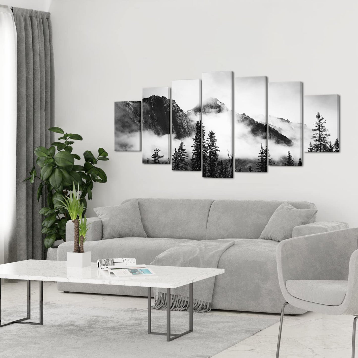 NutArtPic 7 Pieces Foggy Forest Canvas Wall Art Black and White Misty Mountain Artwork Prints Banff National Park Painting Framed Home Office Bedroom Decor 70''x32''