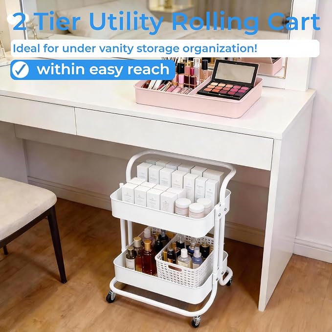 2 Tier Cart with Wheels Under Desk Storage with Handle, Metal Rolling Pantry Cart for Kitchen White Small Rolling Basket for Laundry Room Bathroom, Utility Shelf Organizer for Small Space