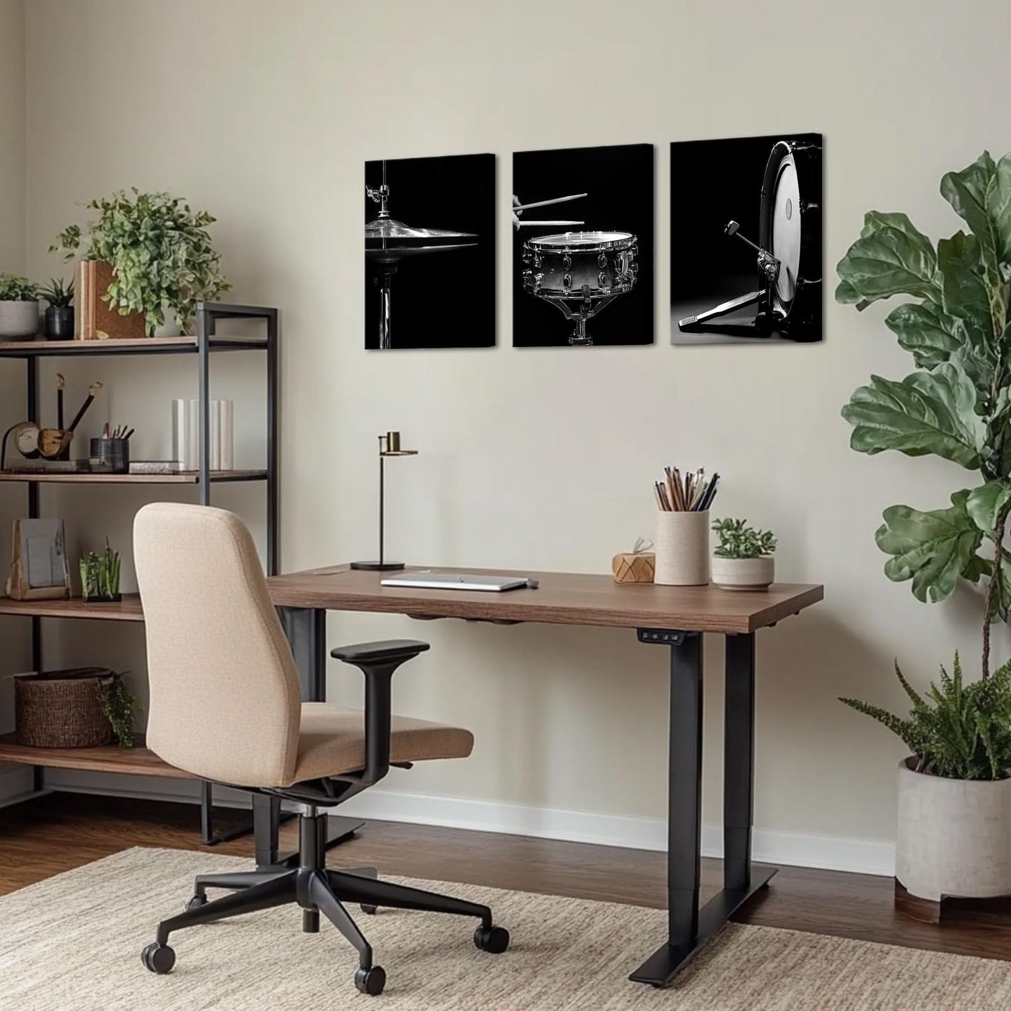 Canvbay Music Canvas Wall Art Black and White Jazz Drum Kit Print Poster Musical Instrument Pictures Modern Home Decor for Rock Studio Music Room 12x16inchx3Pcs