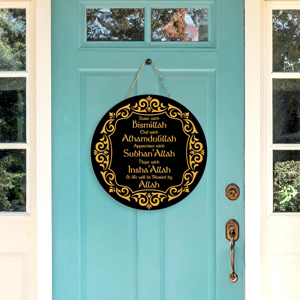 Ramadan Islamic Decor Hanging Eid Decorations Start and End with Allah Appreciate Hope with Allah Black Gold Round Wooden Sign for Muslim Home Door Decor Party Supplies