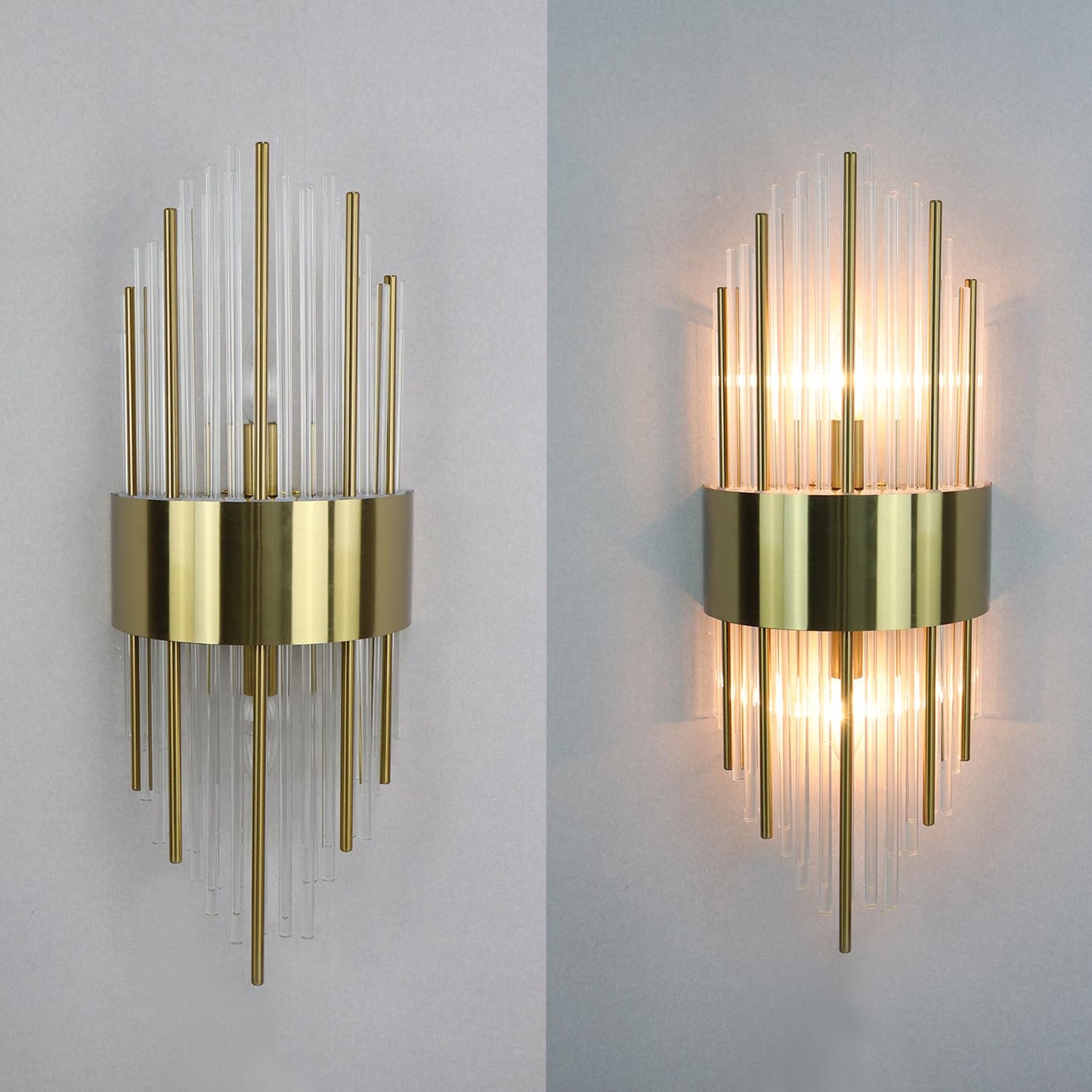 TEENYO Modern Gold Wall Sconces Set of Two Crystal Sconces Wall Lighting 2-Light Brass Glass Wall Light Fixtures for Bedroom Living Room Bathroom Vanity Mirror Light Fixtures
