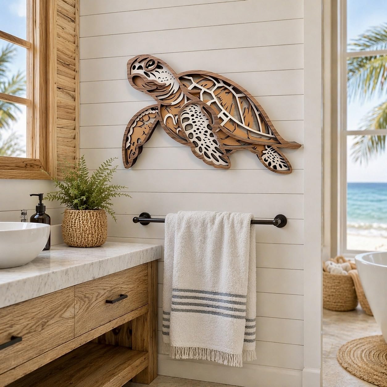Fossil King Sea Turtle Wall Decor Large 15" – 3D Layered Wood Coastal Wall Art Beach House Ocean Decor