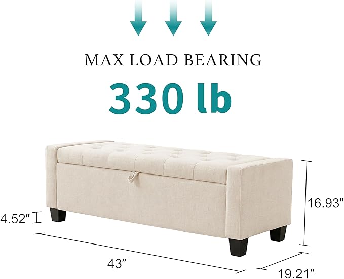 Huatean Home 43" Ottoman with Storage, Storage Ottoman Bench with Safety Hinge, Upholstered Entryway Bench with Seating for Bedroom, Living Room, Holds up to 330 lb, Beige