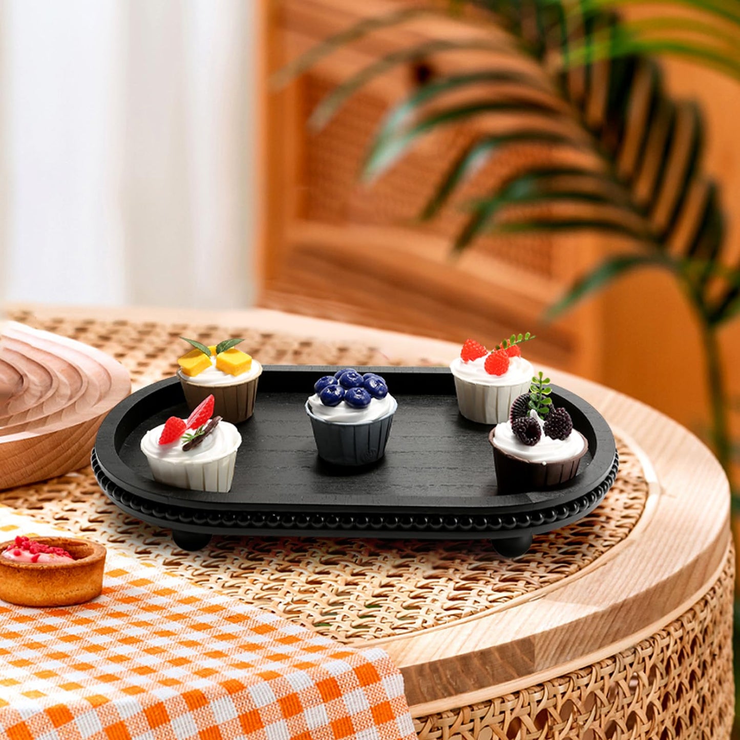 SYNCVIBE Wooden Decorative Tray for Home Decor, Beaded Black Oval Tray Decor for Coffee Table, Rustic Wood Serving Trays Farmhouse Centerpieces for Living Room Kitchen Counter (Black Oval)
