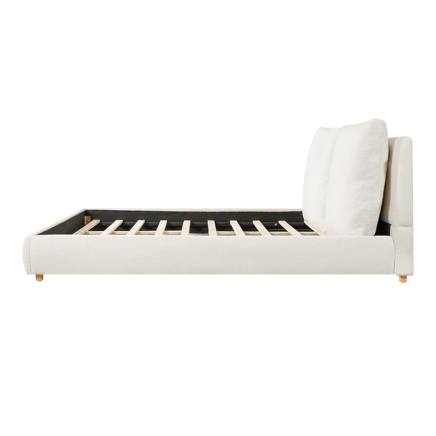 Merax California King Size Boucle Fabric Upholstered Platform Bed with Two Removable Pillow Headboard, Wood Bed Frame with Solid Round Legs for Kids Teens Adults, White