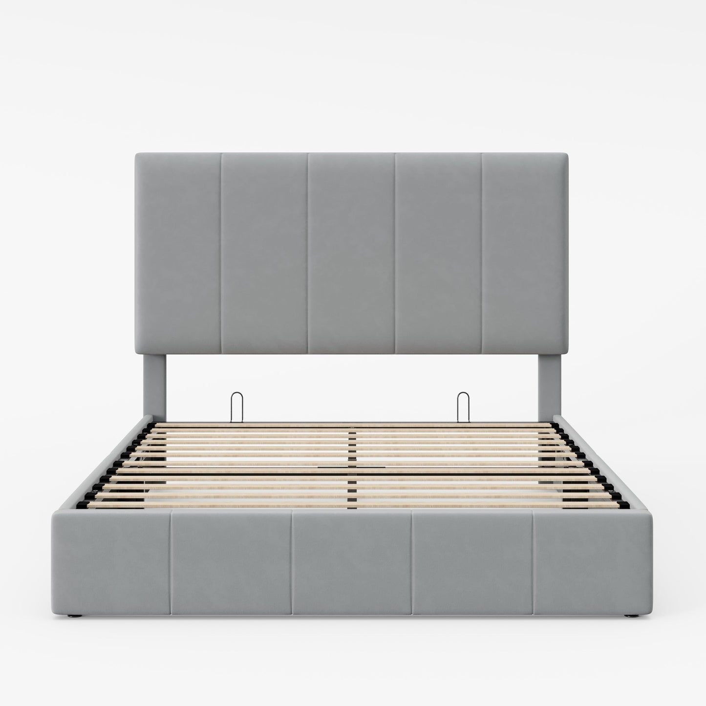Allewie Full Size Velvet Lift Up Storage Bed Frame, Vertical Channel Tufted Headboard, Hydrualic Underneath Storage, Upholstered Platform Bed, Wooden Slats Support, No Box Spring Needed, Gray