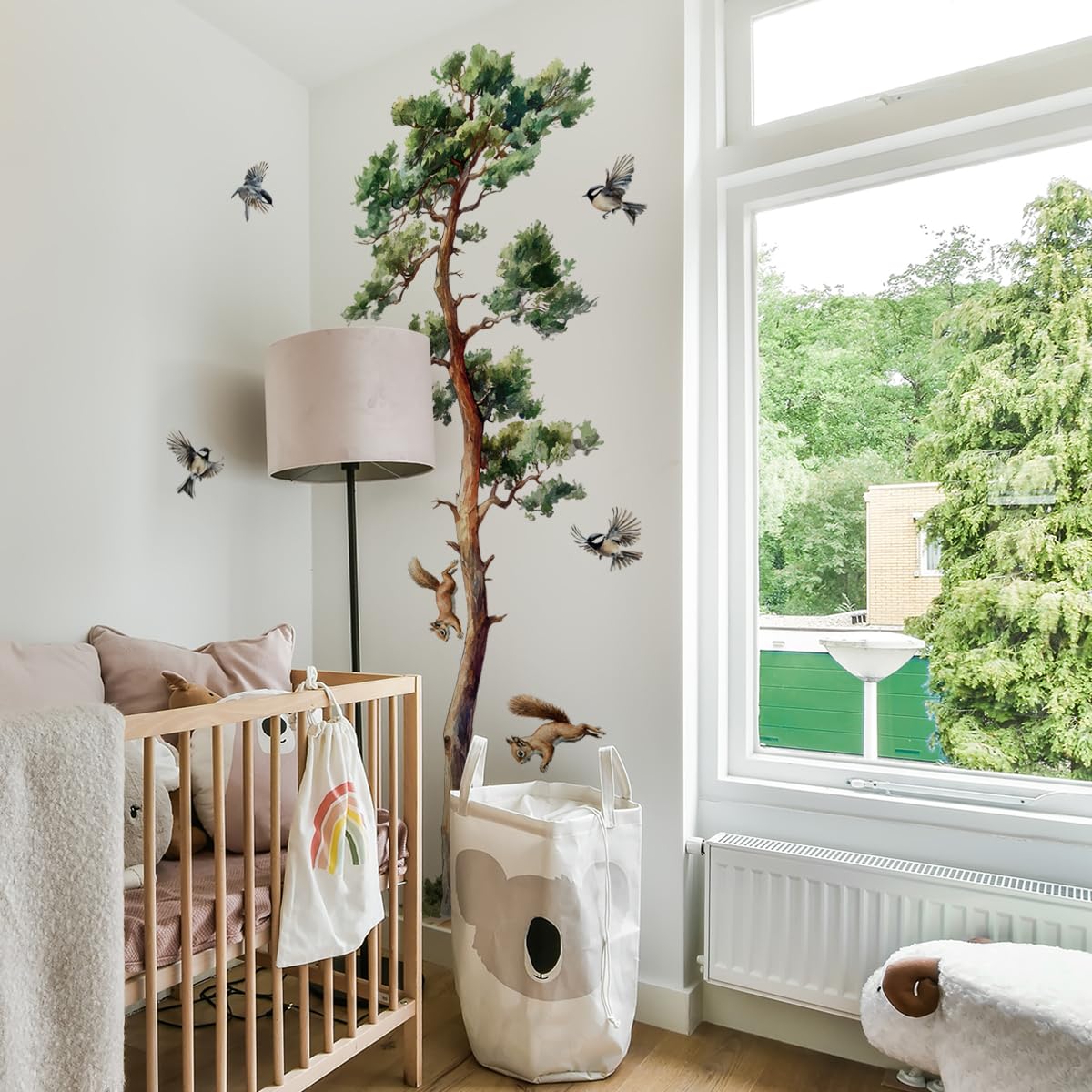 Pine Tree Wall Decals Large Green Tree Birds Wall Stickers Peel and Stick Wall Art Decals for Living Room Bedroom TV Background