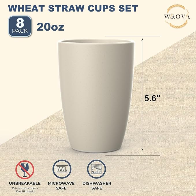 Wrova Wheat Straw Cups 8 PCS Good Alternative to Plastic Reusable Cups 20 oz Unbreakable Drinking Cup Reusable Dishwasher Safe Water Plastic Glasses Beige Series