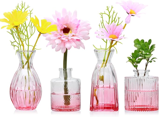 Mapoxy Glass Bud Vases Set of 4,Small Pink Flower Vases for Wedding Centerpiece Table Decorations,Clear Vintage Embossed Mini Vases,Flower Arrangements in Vases for Party or Home Decor