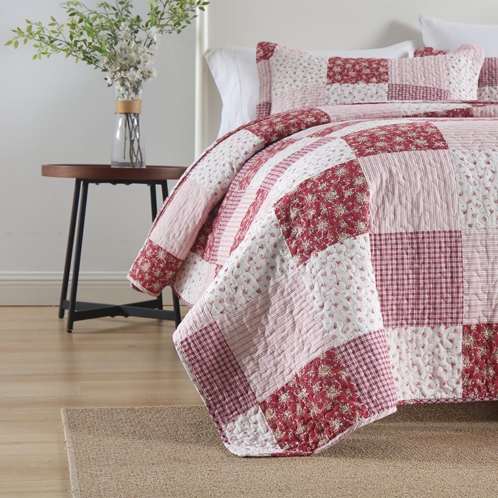 ENASAL Cotton Bedspread Quilt Bedding Sets Reversible Coverlet Sets Comforters Plaid Floral Red White Patchwork Pattern Bedspread for All Season, Queen Size
