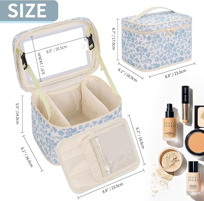 OCHEAL Large Makeup Bag With LED Mirror, Lightweight Travel Makeup Bag With 3 Color Setting Light Up Mirror Cosmetic Makeup Organizer Vanity Case for Women Beauty Tools Accessories Train Case-Floral