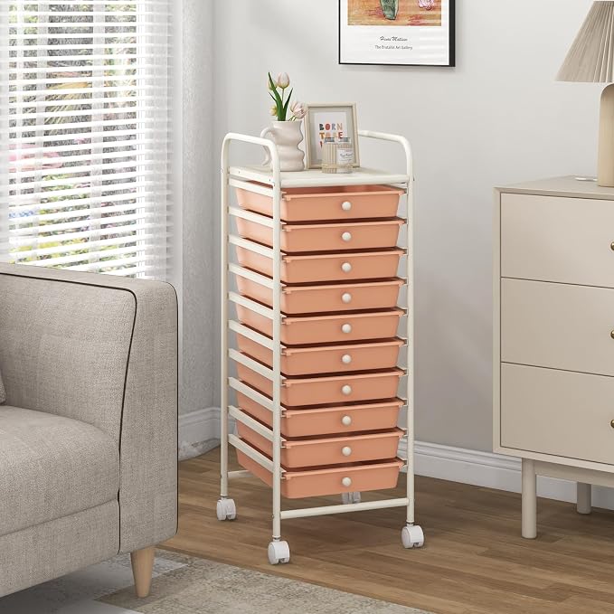 COSTWAY 10-Drawer Rolling Storage Cart, Utility Mobile Trolley with Removable Drawers & Universal Casters & 2 Brakes, Versatile Flexible Drawer Organizer Cart for Home, Office, Peach