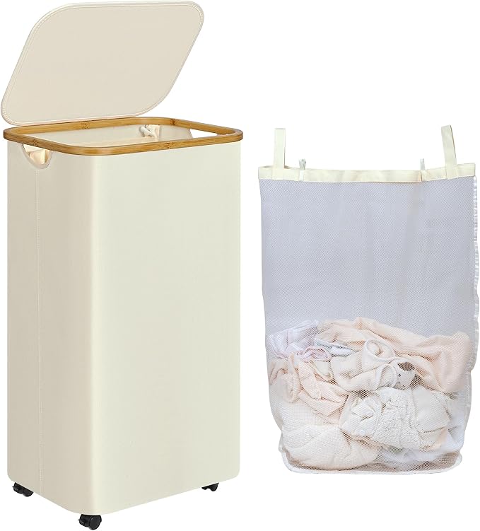 Laundry Hamper with Wheels,110L Laundry Basket with lid Rolling Clothes Basket Foldable Dirty Clothes Hamper on wheels with Bamboo Frame and Bag for Bedroom, Dorm, Laundry Room,Beige(29 Gal)