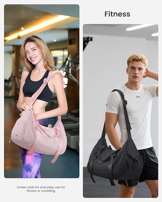 LOVEVOOK Gym Bag for Women Men, duffle bag for travel with shoe compartment, Small Gym Tote Dry Wet Separation, Multipurpose Weekender Overnight Bag, Lightweight Carry On Bag, Light pink