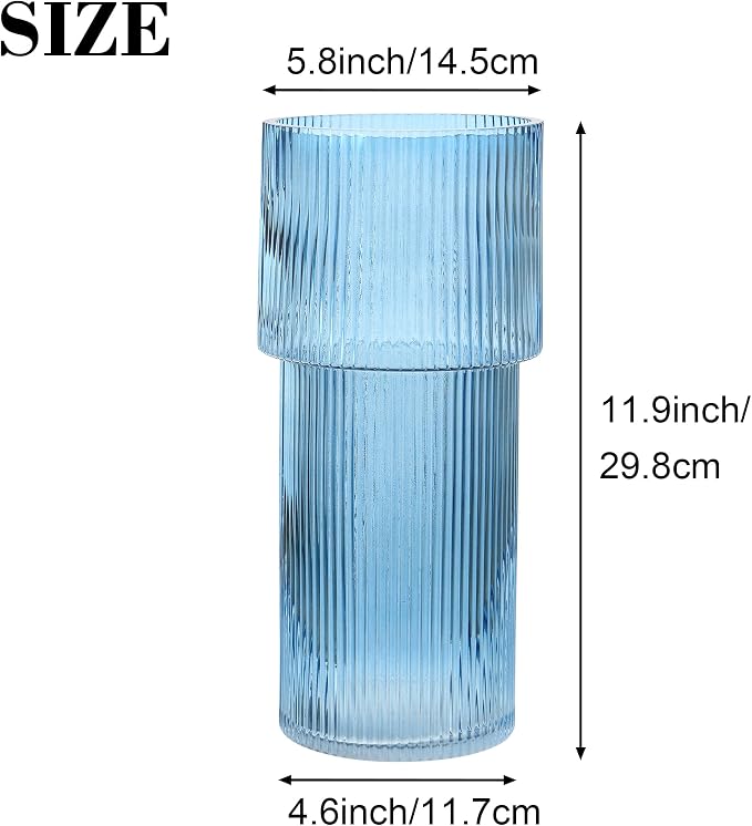 Large Glass Vase, 12 Inches Tall Vase for Flowers, Blue Flower Vases for Bouquet, Modern Blue Glass Vases for Living Room, Dining Table, Office, Entryway, Mantle, Shelf, Wedding Gifts