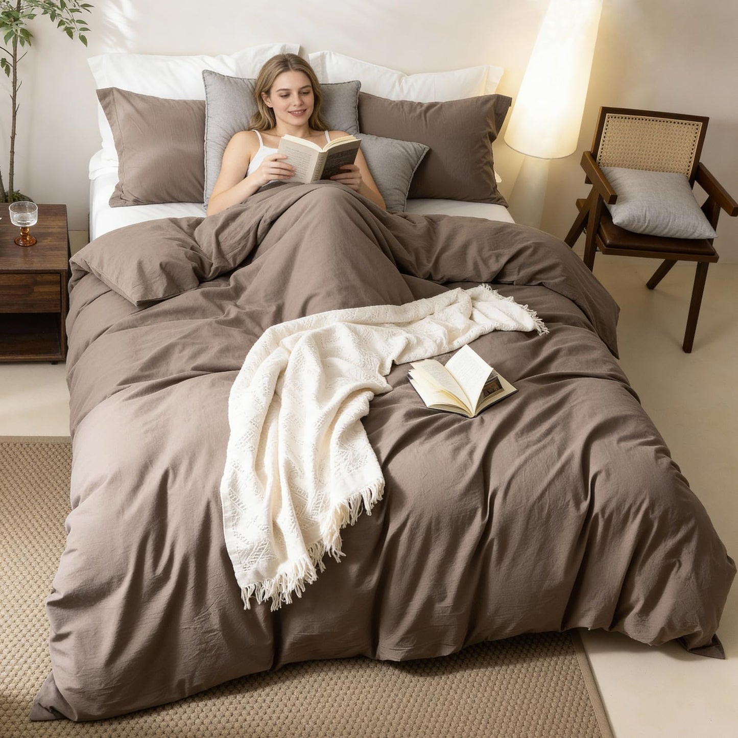 BDEAR 3 Pieces Light Chocolate Brown Duvet Cover Set Queen Size 90'' L x 90'' W, 100% Washed Cotton Duvet Cover with Zipper Closure Plus 2 Pillowcases, Oeko TEX Standard Certificated