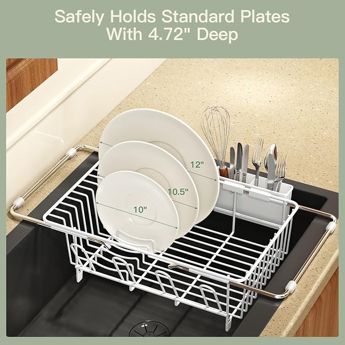 MAJALiS White Dish Drying Rack Over Sink with Utensil Holder, Drainboard | Expandable Stainless Steel Dish Drainer for Small Kitchen, Apartment, RV, Counter Space Saving, Perfect Fit, Rustproof