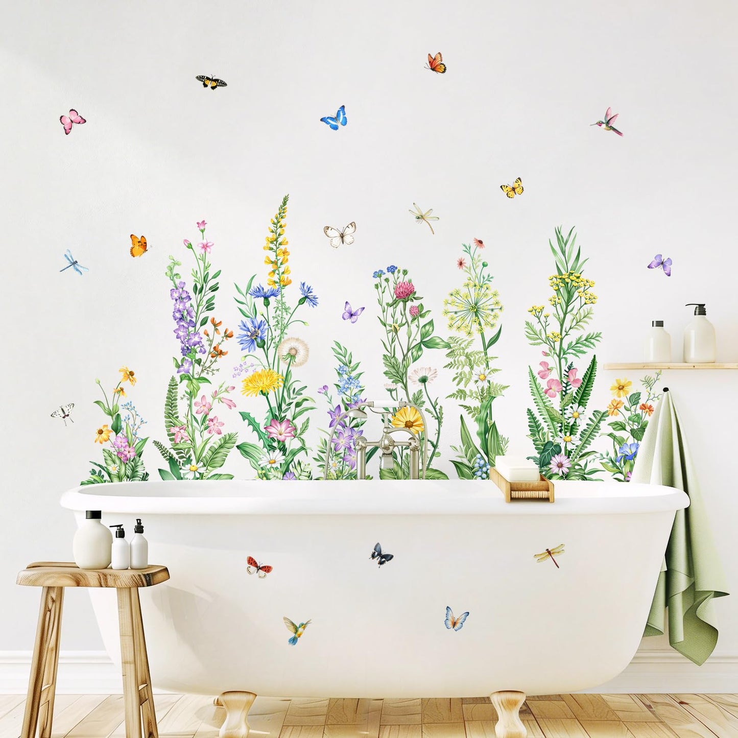 Tanlaby Wildflower Wall Decals Spring Summer Flower Floral Grass Wall Decals with Butterfly Green Plant Stickers Peel and Stick Wall Art Decor for Living Room Kitchen Bedroom