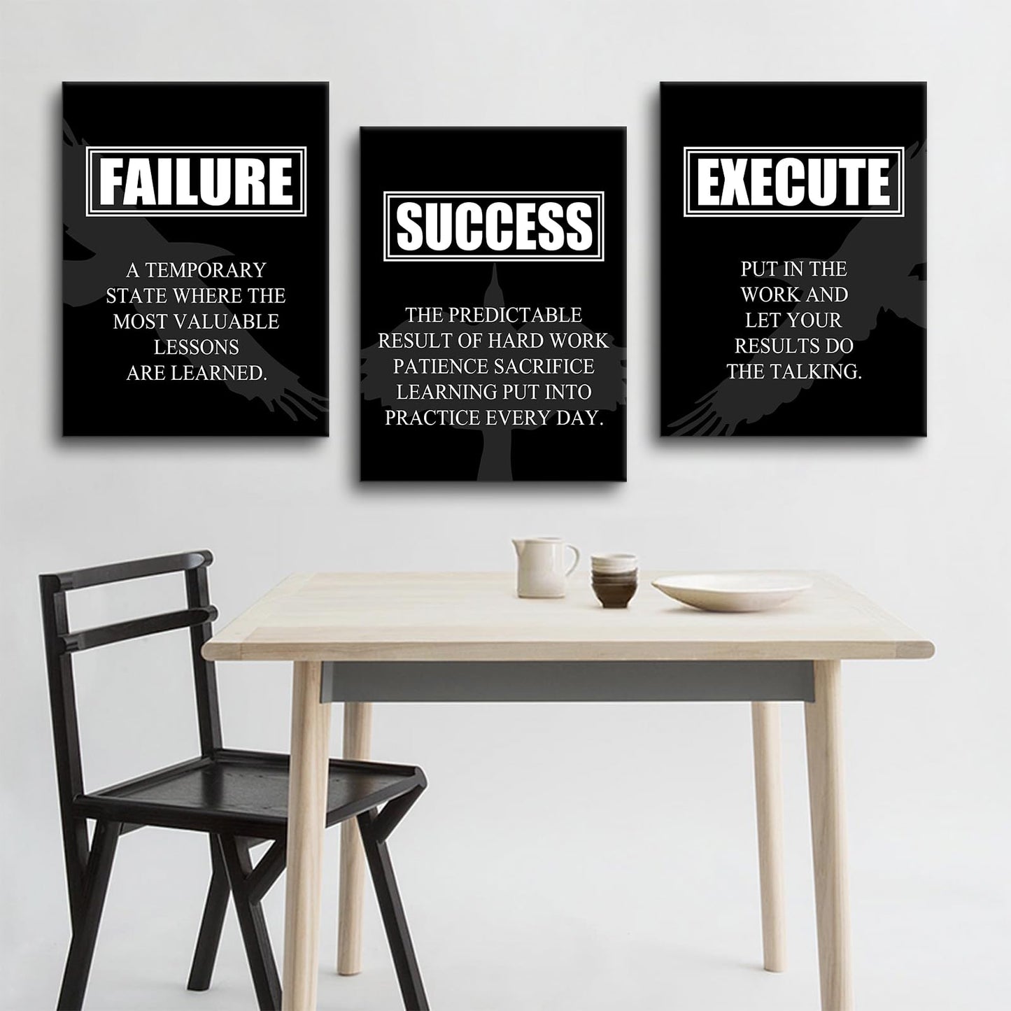 YSPCSUN 3 Piece Motivational Wall Art Canvas Office Decor Failure Success Execute Quotes Posters Eagle Silhouette Inspirational Artworks for Small Home Office Study Room Framed, 36" x 16"