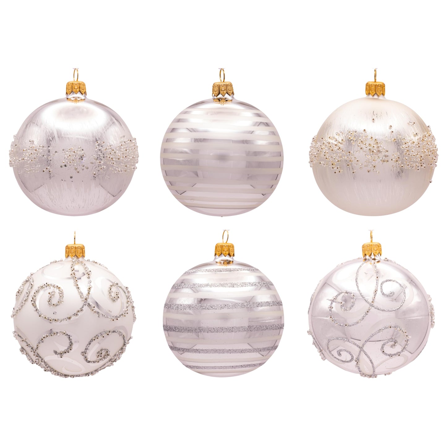 Luxury Handcrafted European Glass Christmas Ball Ornaments - Set of 6 - Silver & White - Satin & Shine - 8 cm - Mouth-Blown & Hand-Painted