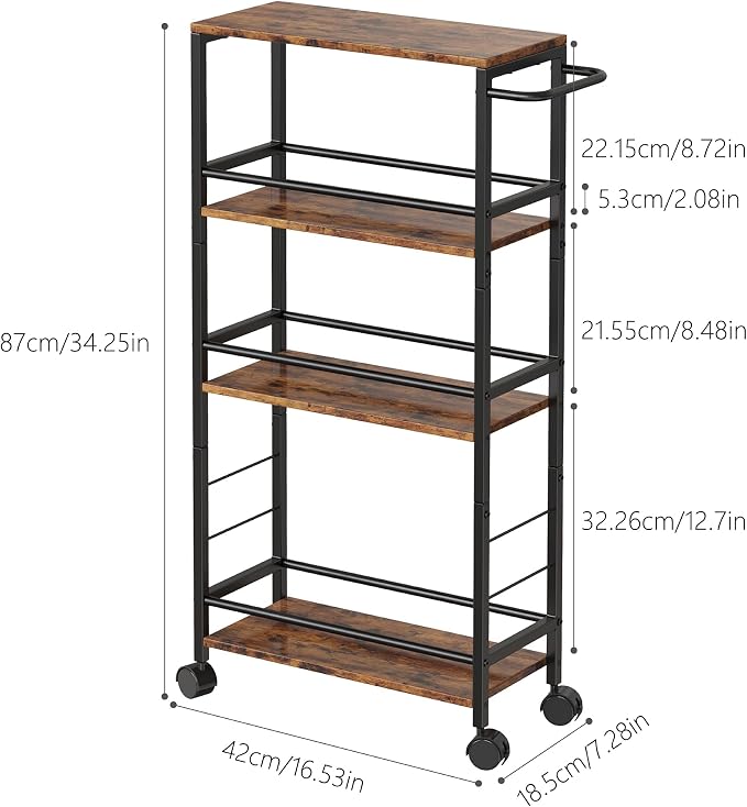 Slim Rolling Cart, 4-Tier Kitchen Storage Rolling Cart, Narrow Cart with Handle, Mobile Utility Cart for Small Space, Shelving Unit for Kitchen, Dining Room, Living Room, Home Office, Laundry Room