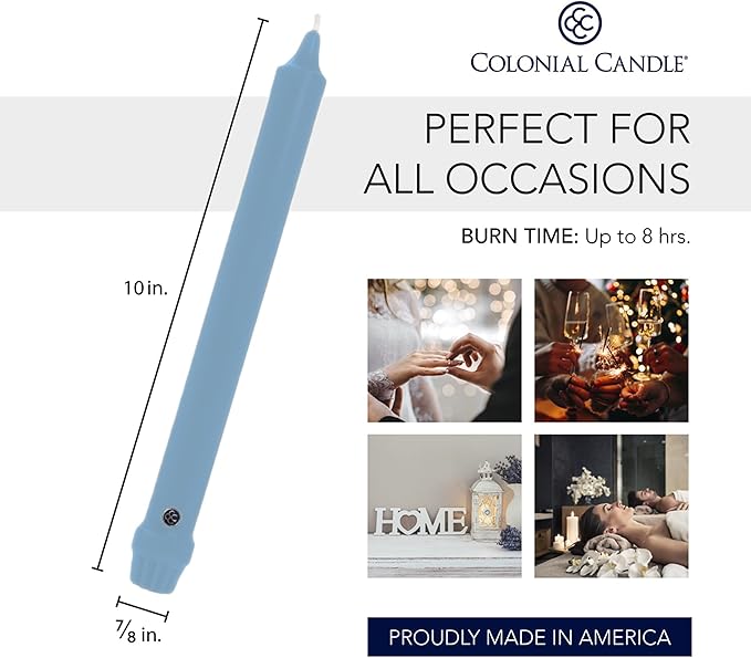 Colonial Candle Unscented Taper Candle, Classic Collection, Coastal Blue, 10 in, Pack of 12 - Up to 8 Hours Burn