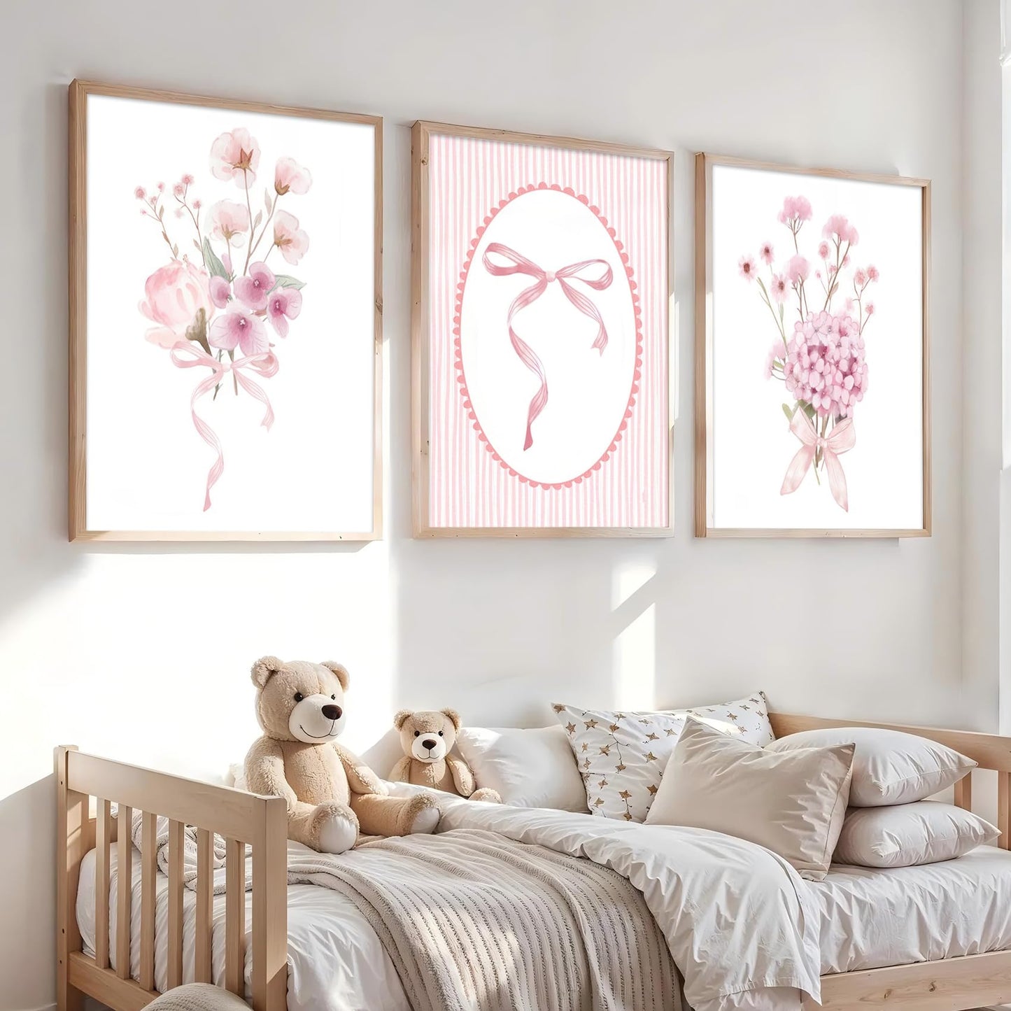 3Pcs Pink Nursery Flower Wall Art Floral Bow Wall Decor Cute Botanical Flower Pictures Coquette Aesthetic Poster Prints Girly Preppy Painting for Girls Bedroom Dorm Apartment Home 12x16 Unframed