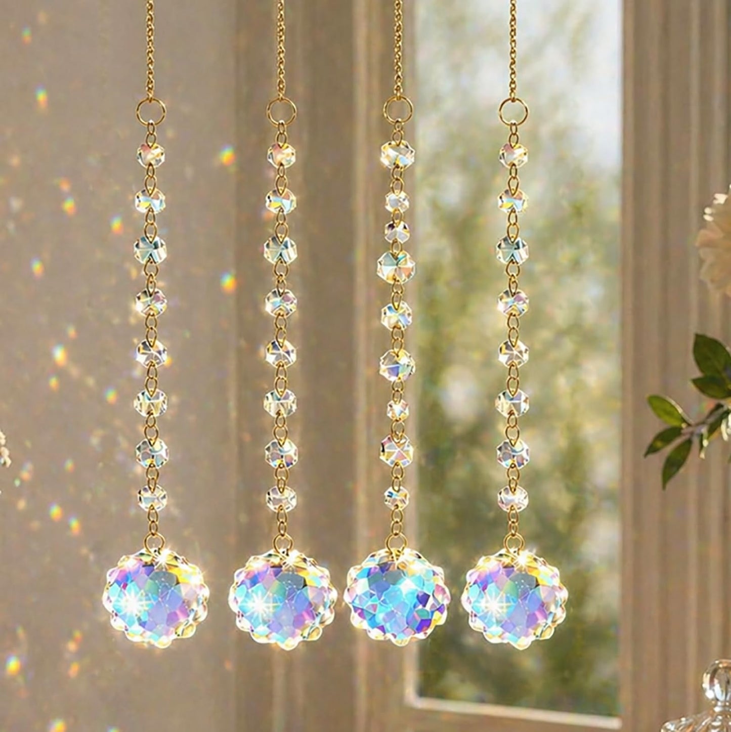 4Pcs Sun Catcher Crystals for Window Hanging, Crystals Prism Rainbow Maker for Windows Indoor Outdoor Car Mirror Garden Decor Wedding Party Xmas Gift