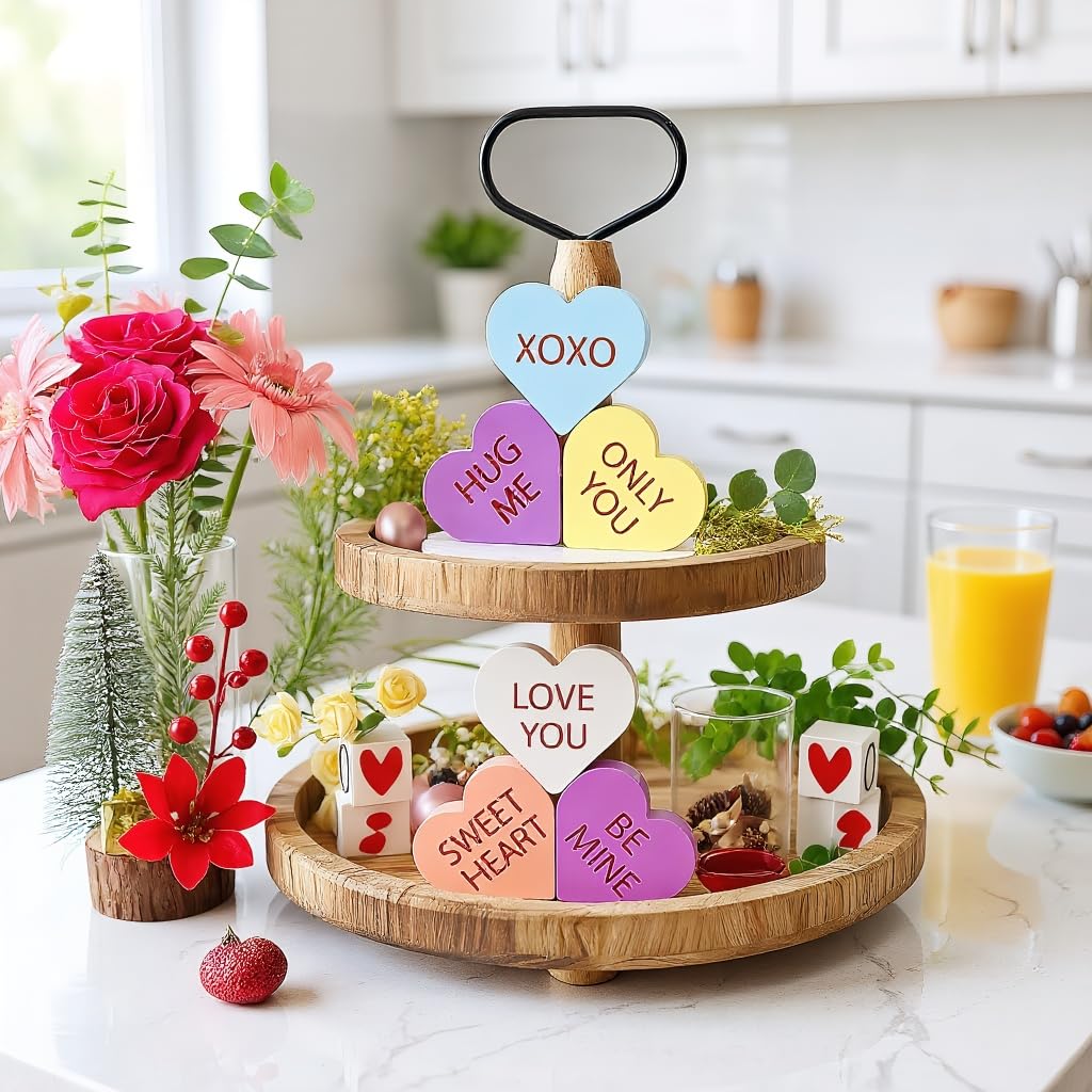 6 PCS Heart Wall Decor, Wooden Signs Set | Valentine's Day Decorations with Double-Sided Prints, Charming Heart Shelf & Tabletop Displays for Tiered Tray, Mantel, and Home Office.
